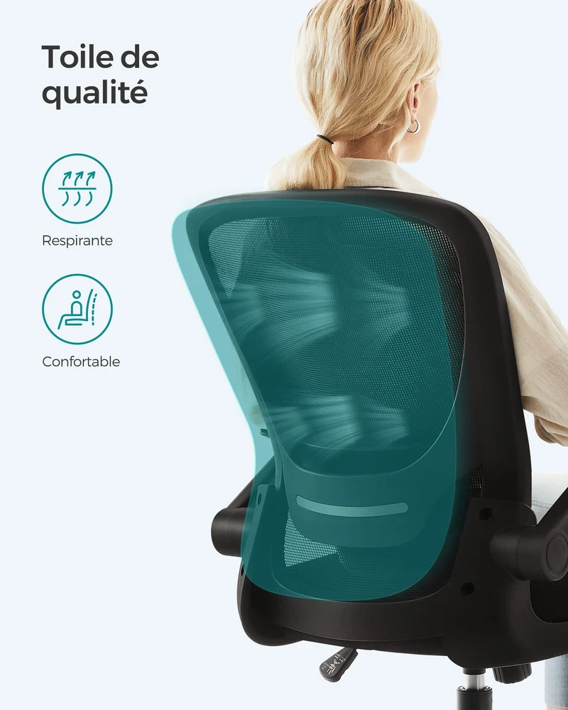 SONGMICS Chaise Bureau Ergonomique en Toile, Fauteuil, Support Lombaire Rembourré, Mécanisme à Bascule, Assise Large de 53 cm, Accoudoirs Rabattables, Noir OBN37BK