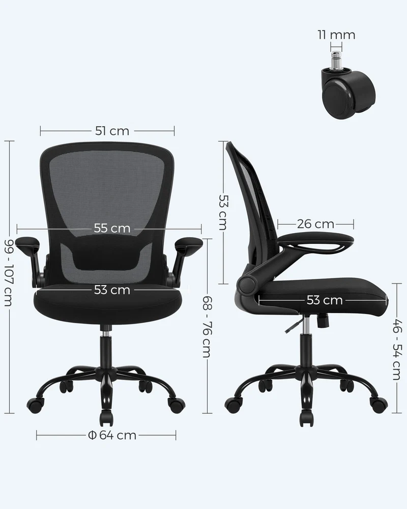 SONGMICS Chaise Bureau Ergonomique en Toile, Fauteuil, Support Lombaire Rembourré, Mécanisme à Bascule, Assise Large de 53 cm, Accoudoirs Rabattables, Noir OBN37BK
