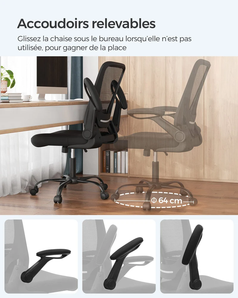 SONGMICS Chaise Bureau Ergonomique en Toile, Fauteuil, Support Lombaire Rembourré, Mécanisme à Bascule, Assise Large de 53 cm, Accoudoirs Rabattables, Noir OBN37BK