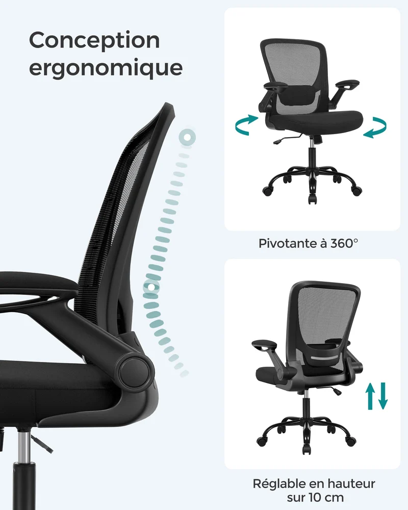 SONGMICS Chaise Bureau Ergonomique en Toile, Fauteuil, Support Lombaire Rembourré, Mécanisme à Bascule, Assise Large de 53 cm, Accoudoirs Rabattables, Noir OBN37BK