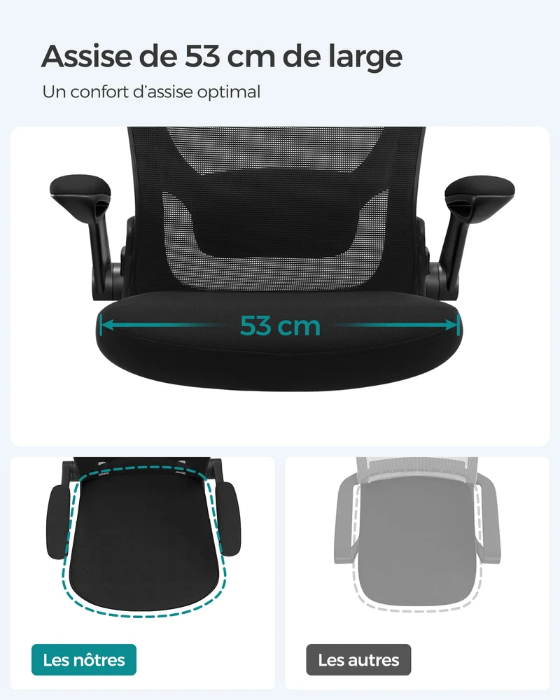 SONGMICS Chaise Bureau Ergonomique en Toile, Fauteuil, Support Lombaire Rembourré, Mécanisme à Bascule, Assise Large de 53 cm, Accoudoirs Rabattables, Noir OBN37BK