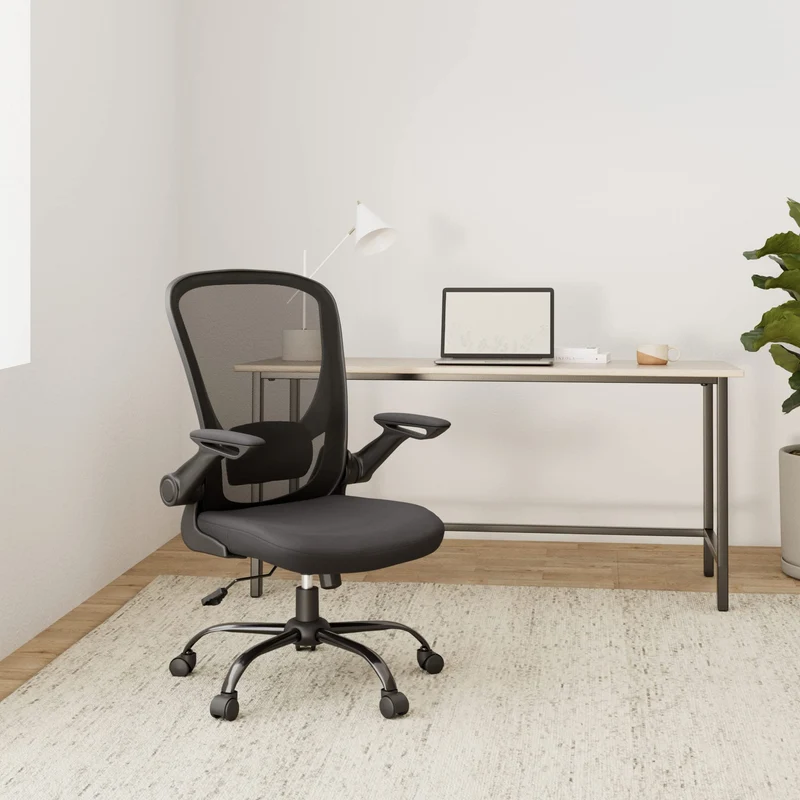 SONGMICS Chaise Bureau Ergonomique en Toile, Fauteuil, Support Lombaire Rembourré, Mécanisme à Bascule, Assise Large de 53 cm, Accoudoirs Rabattables, Noir OBN37BK