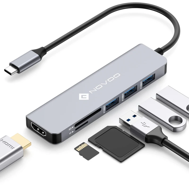 NOVOO Hub Adaptateur USB C vers HDMI 4K, 3 x USB 3.0, Lecteur de Carte SD & Micro SD, Hub USB-C Dock Compatible avec Macbook Air Macbook Pro ChromeBook Pixel Matebook XPS Appareils Type-C