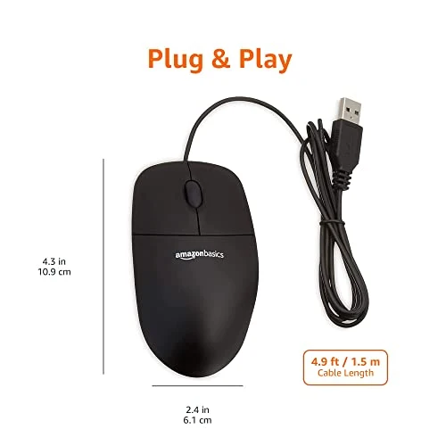 Amazon Basics Souris Optique USB à 3 Boutons pour Windows et Mac OS X Noir