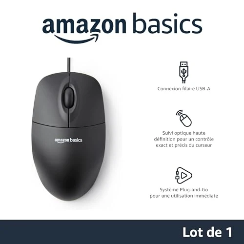 Amazon Basics Souris Optique USB à 3 Boutons pour Windows et Mac OS X Noir