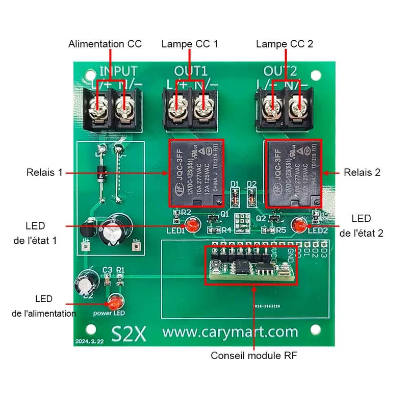 10A Kit Interrupteur Télécommande Sans Fil 2 Voies CC Entrée Sortie (Modèle: 0020426)
