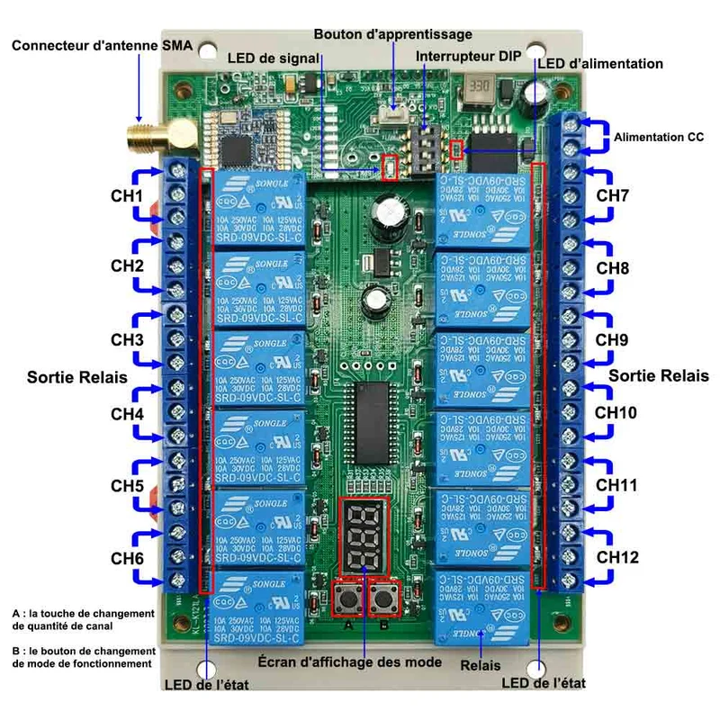 12 Voies CC 12V 24V Interrupteur Relais Sans Fil Longue Distance 5 Km (Modèle: 0020032)