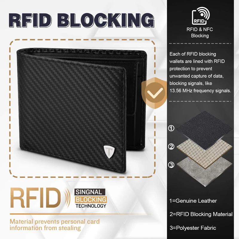 TEEHON® Portefeuille Homme en Cuir Véritable avec Blocage RFID/NFC 8 Porte Carte Crédit, 2 Compartiment à Billets, Classique Porte Feuille Poche à Monnaie avec Boîte Cadeau- Noir