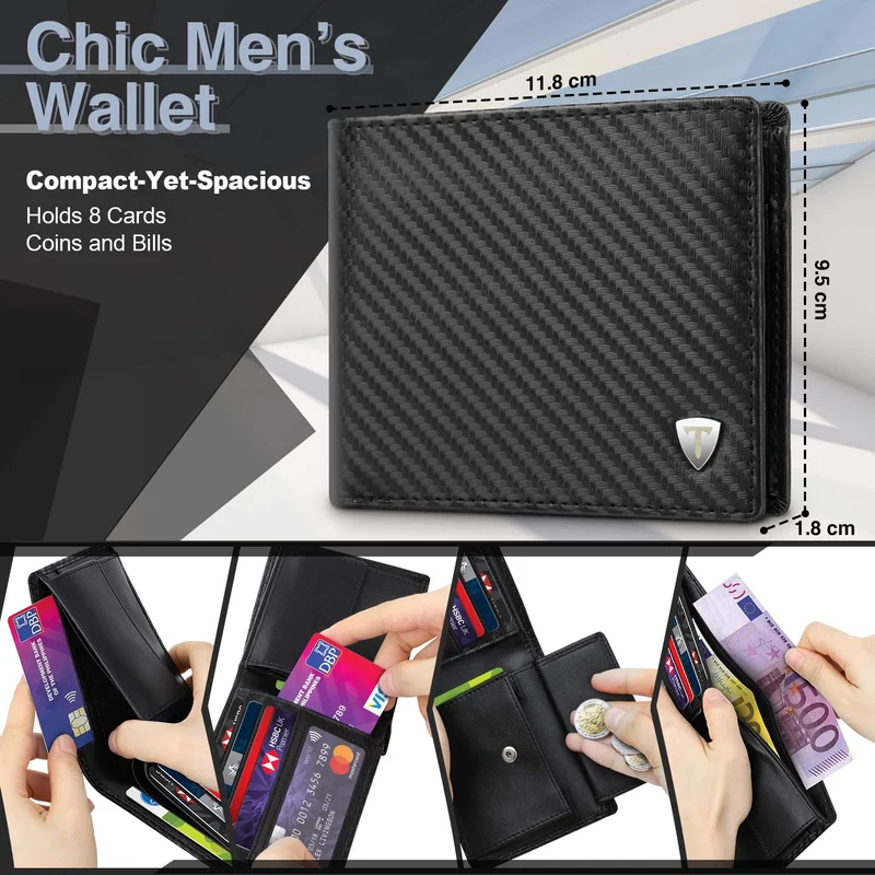 TEEHON® Portefeuille Homme en Cuir Véritable avec Blocage RFID/NFC 8 Porte Carte Crédit, 2 Compartiment à Billets, Classique Porte Feuille Poche à Monnaie avec Boîte Cadeau- Noir