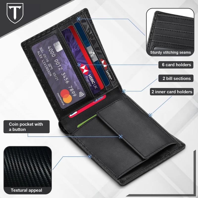 TEEHON® Portefeuille Homme en Cuir Véritable avec Blocage RFID/NFC 8 Porte Carte Crédit, 2 Compartiment à Billets, Classique Porte Feuille Poche à Monnaie avec Boîte Cadeau- Noir