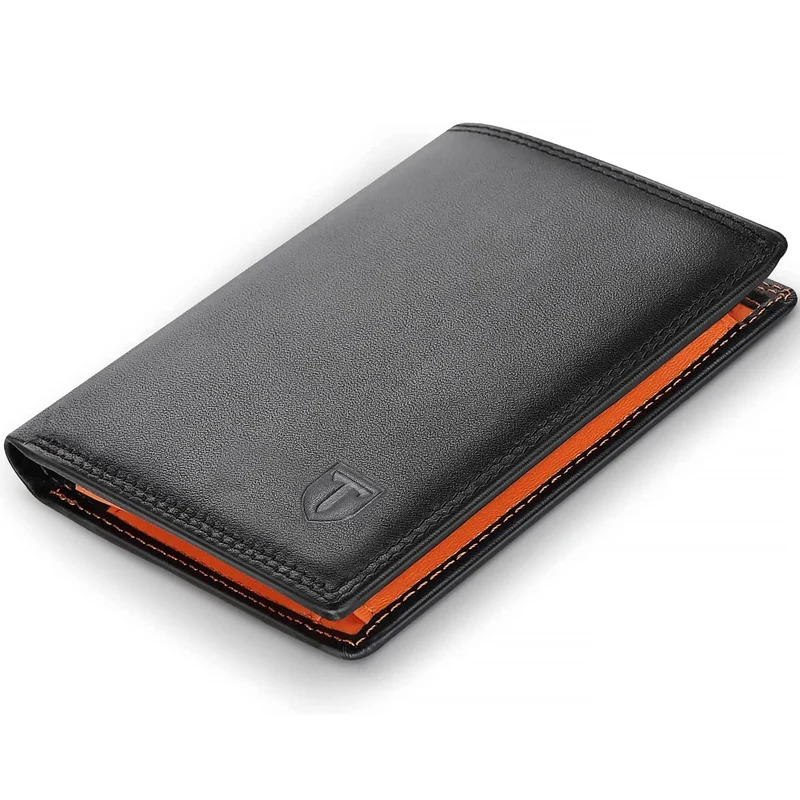 TEEHON Portefeuille Homme en Cuir Véritable Porte-Monnaie avec Blocage RFID/NFC 13 Porte Carte Crédit, 2 Compartiment à Billets, Grande Poche à Monnaie, Classique Porte Feuille Noir Orange