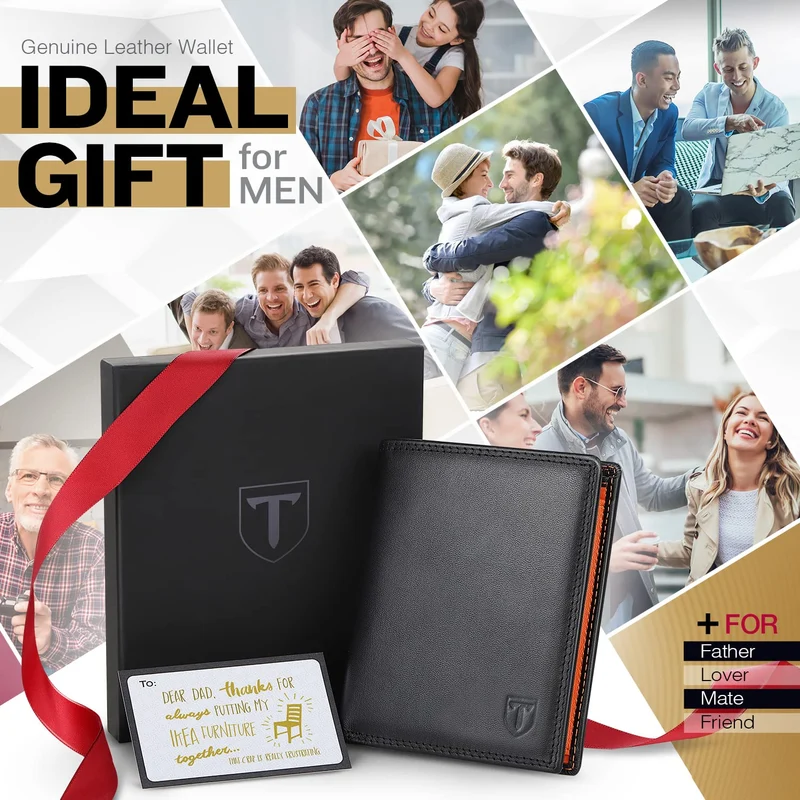 TEEHON Portefeuille Homme en Cuir Véritable Porte-Monnaie avec Blocage RFID/NFC 13 Porte Carte Crédit, 2 Compartiment à Billets, Grande Poche à Monnaie, Classique Porte Feuille Noir Orange