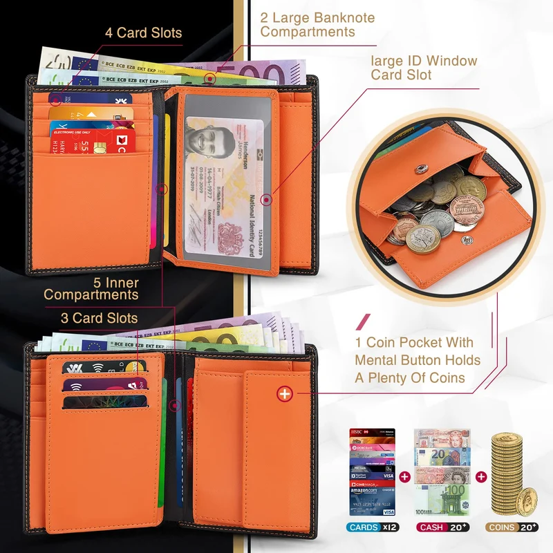 TEEHON Portefeuille Homme en Cuir Véritable Porte-Monnaie avec Blocage RFID/NFC 13 Porte Carte Crédit, 2 Compartiment à Billets, Grande Poche à Monnaie, Classique Porte Feuille Noir Orange