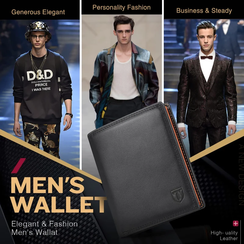 TEEHON Portefeuille Homme en Cuir Véritable Porte-Monnaie avec Blocage RFID/NFC 13 Porte Carte Crédit, 2 Compartiment à Billets, Grande Poche à Monnaie, Classique Porte Feuille Noir Orange
