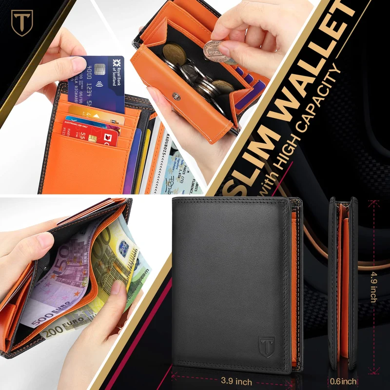 TEEHON Portefeuille Homme en Cuir Véritable Porte-Monnaie avec Blocage RFID/NFC 13 Porte Carte Crédit, 2 Compartiment à Billets, Grande Poche à Monnaie, Classique Porte Feuille Noir Orange