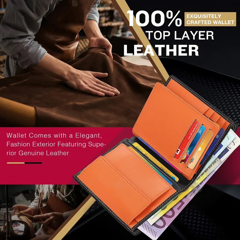 TEEHON Portefeuille Homme en Cuir Véritable Porte-Monnaie avec Blocage RFID/NFC 13 Porte Carte Crédit, 2 Compartiment à Billets, Grande Poche à Monnaie, Classique Porte Feuille Noir Orange
