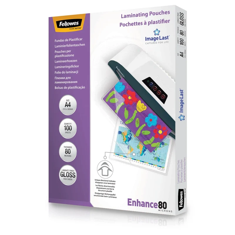 Pochettes de plastification Fellowes au format A4, 80 microns, Pack de 100 Feuilles à plastifier, Finition Brillante, Technologie ImageLast Aspect Haute Qualité, Idéal pour les photos et affiches