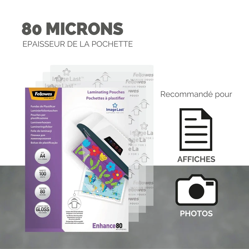 Pochettes de plastification Fellowes au format A4, 80 microns, Pack de 100 Feuilles à plastifier, Finition Brillante, Technologie ImageLast Aspect Haute Qualité, Idéal pour les photos et affiches