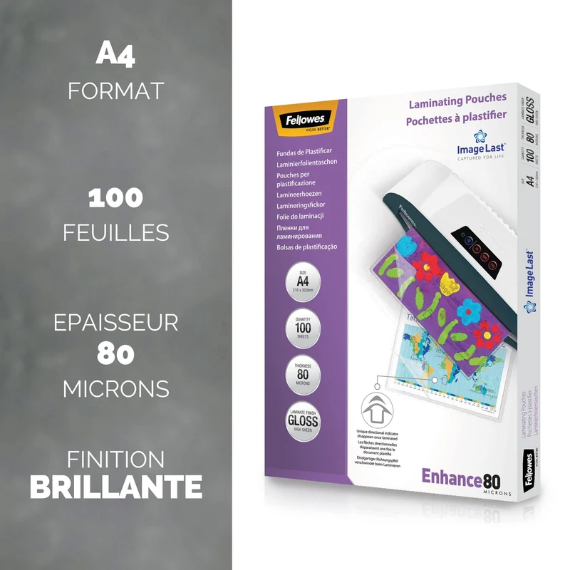 Pochettes de plastification Fellowes au format A4, 80 microns, Pack de 100 Feuilles à plastifier, Finition Brillante, Technologie ImageLast Aspect Haute Qualité, Idéal pour les photos et affiches