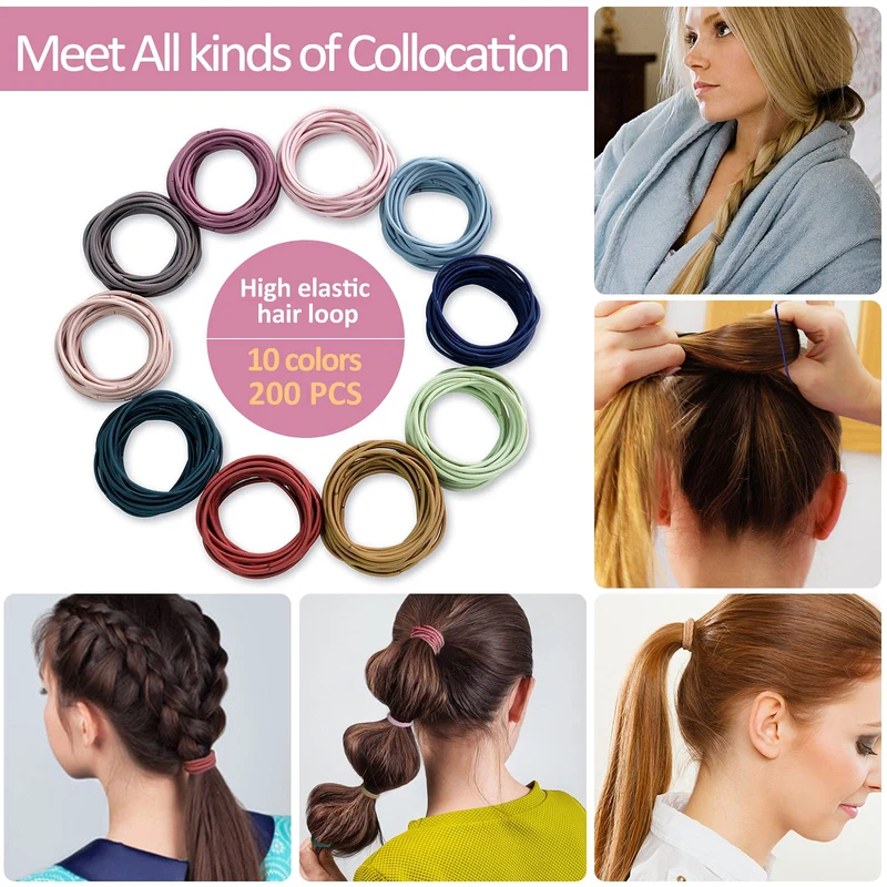 Hanyousheng Bandes Elastiques pour Cheveux, Multicolore Cravates Elastiques, Aucun Métal Élastiques Doux Élastiques Cravates à Cheveux, 200 Pièces 4.5cm Houchous de Cheveux pour Femme & Filles