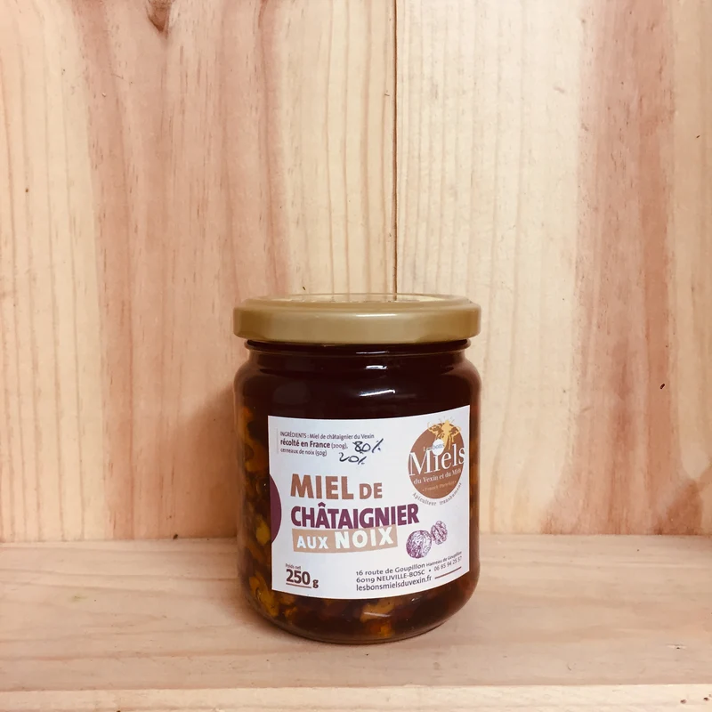 A Découvrir Les Bons Miels du Vexin et du Midi Miel de Châtaignier Cerneaux Noix Pot de 250 gr