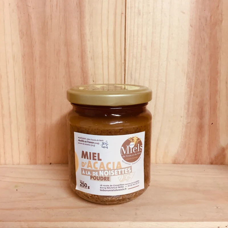 A Découvrir Les Bons Miels du Vexin et du Midi Miel d’Acacia à la Poudre de Noisette Pot 250 gr