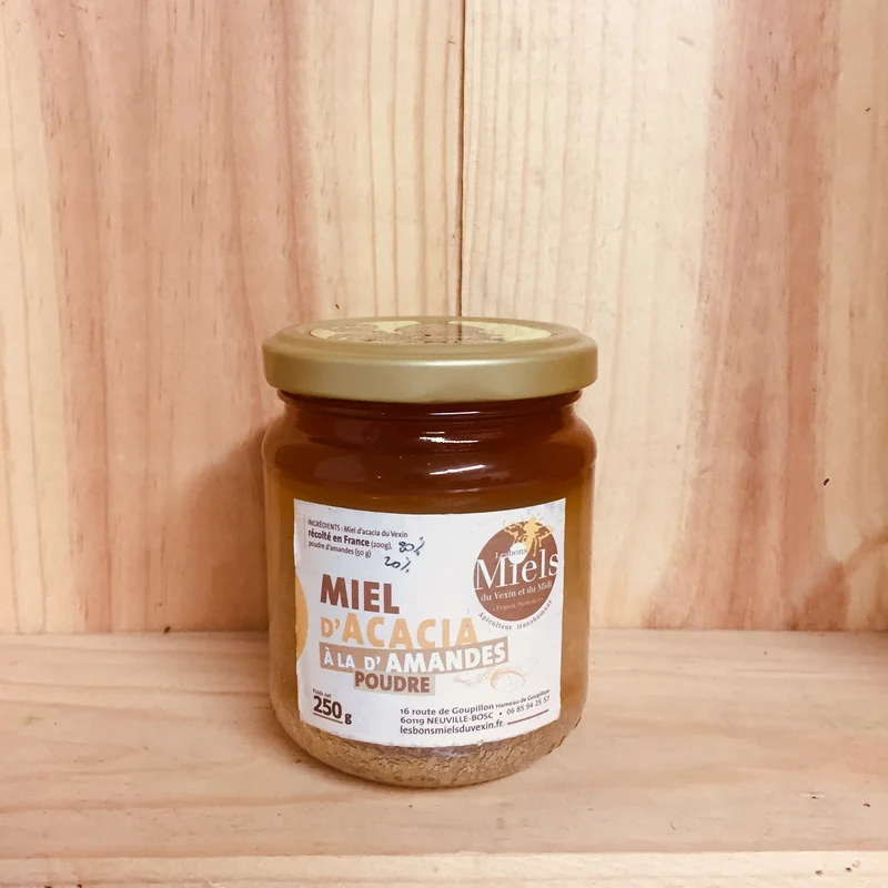 A Découvrir Les Bons Miels du Vexin et du Midi Miel d’Acacia à la Poudre d’Amandes Pot 250 gr