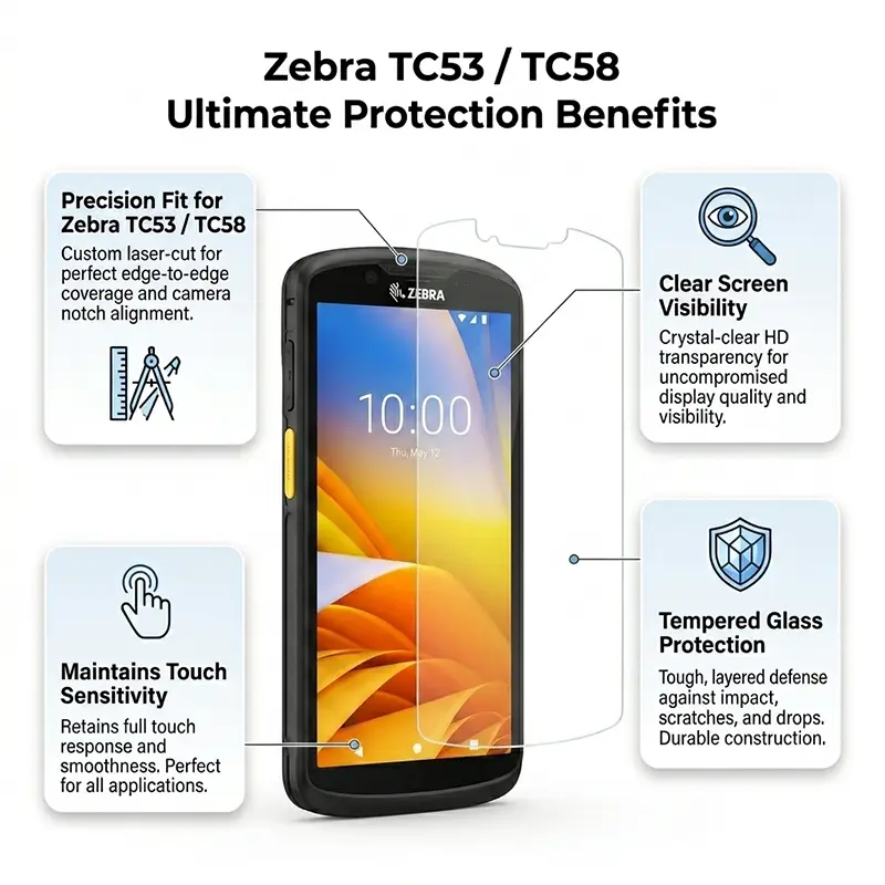 Protecteur d'écran en verre trempé Zebra TC58 / TC53 pour flux de travail mobiles partagés | Agoz