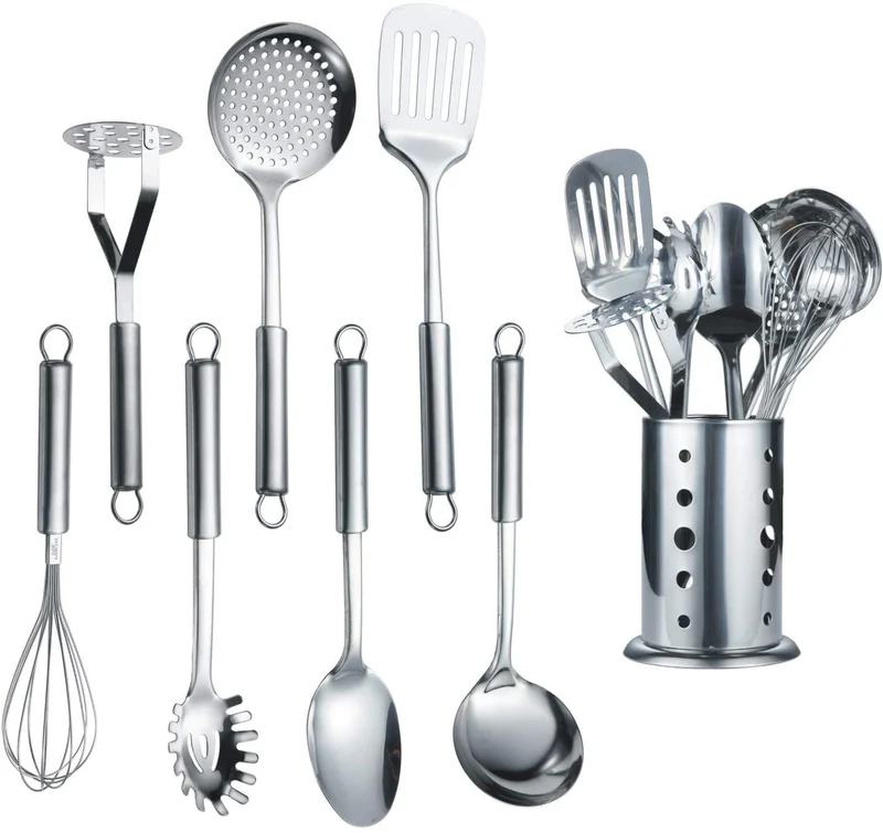 Ustensile Cuisine Acier Inoxydable 7 Pièces + Support Batterie De Cuisine Cuillère De Cuisson Ustensiles De Cuisine