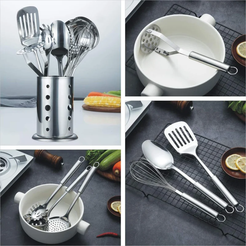 Ustensile Cuisine Acier Inoxydable 7 Pièces + Support Batterie De Cuisine Cuillère De Cuisson Ustensiles De Cuisine