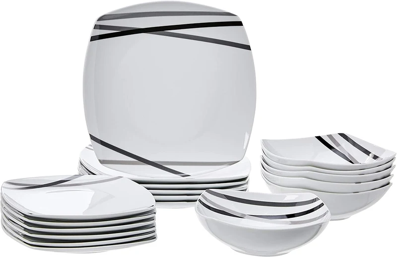 Service de Table Porcelaine 18 pièces Lignes Modernes 6 Personnes Lave-Vaisselle