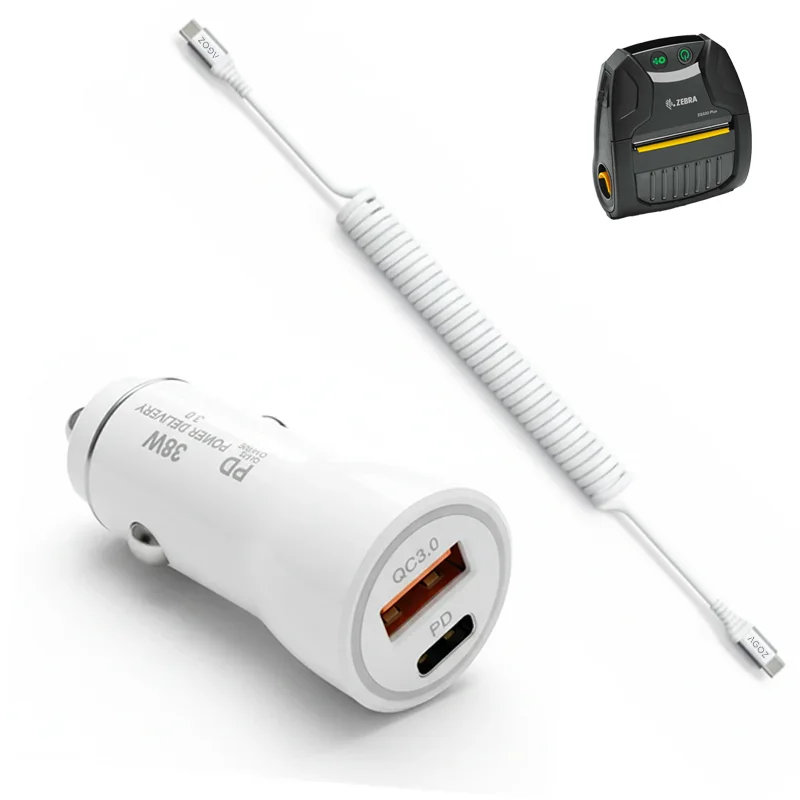 Chargeur de voiture rapide 38W et câble enroulé USB-C pour imprimantes mobiles Zebra