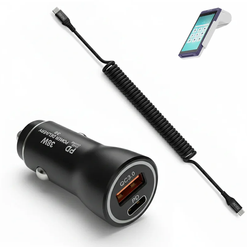 Chargeur de voiture POS 38W pour Smart Terminal Flex GoDaddy avec câble USB-C spiralé | Agoz
