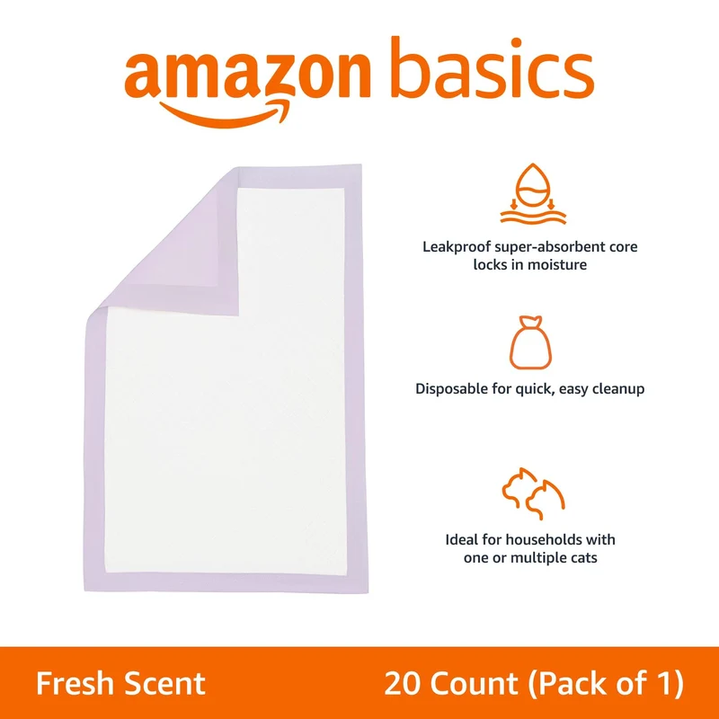 Amazon Basics Lot de 20 Tapis pour bac de litière pour Chat, Parfum Frais, Violet, Blanc