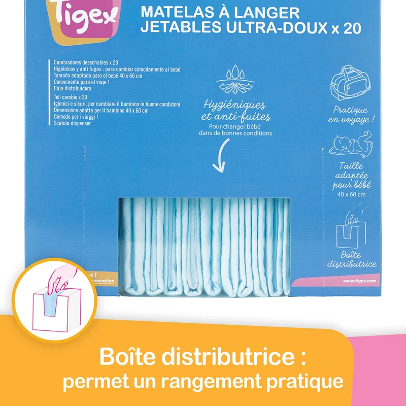 Tigex Protections Jetables pour Matelas à Langer, Blanc/Bleu, Lot de 20