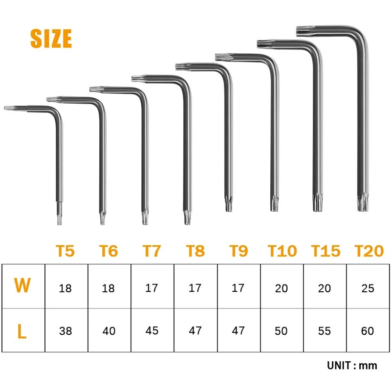LIHAO Clés Torx Coudée, Kit de 8 Pièces Clés Allen, Tournevis Etoile T5 T6 T7 T8 T9 T10 T15 T20, Ensembles de Clés Outillage à Main Hexagonales