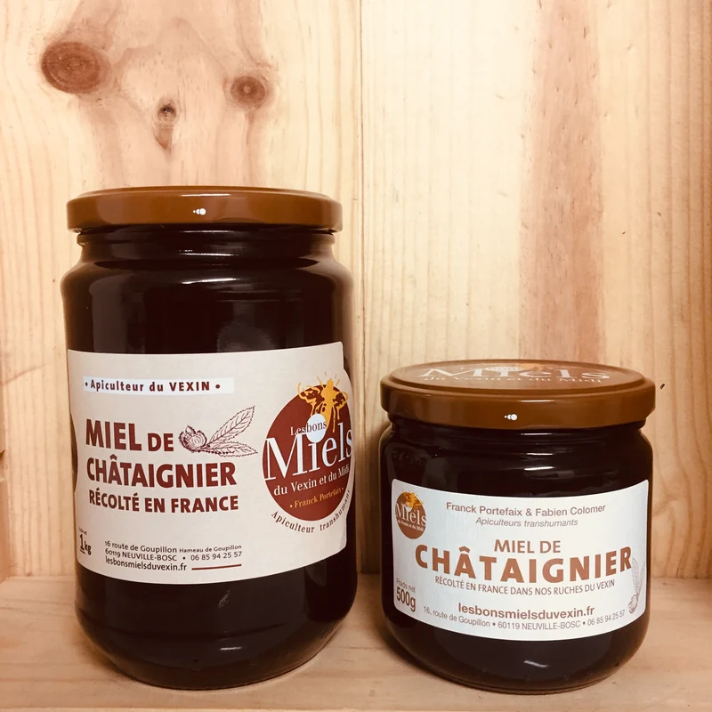 A Découvrir Les Bons Miels du Vexin et du Midi Miel de Châtaignier Liquide Foncé Fort Légère Amertume
