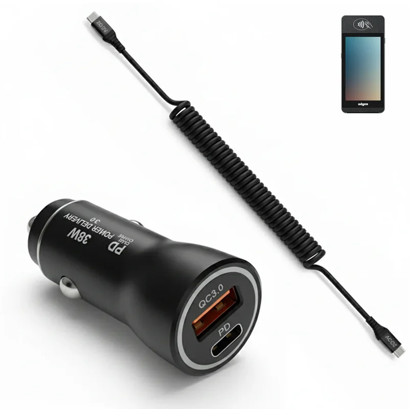 Chargeur de voiture 38 W pour terminal portatif de point de vente Adyen avec câble USB-C spiralé | Agoz