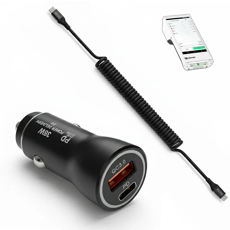 Chargeur de voiture 38 W pour terminal portatif Clover Flex avec câble USB-C spiralé | Agoz