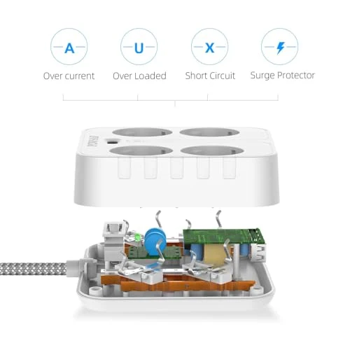 POWSAF Reglette de Prises Quadruple avec Quatre Ports de Charge USB, pour Montage en Pared, pour Maison et Bureau - Blanc