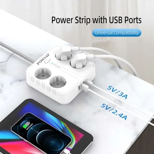POWSAF Reglette de Prises Quadruple avec Quatre Ports de Charge USB, pour Montage en Pared, pour Maison et Bureau - Blanc