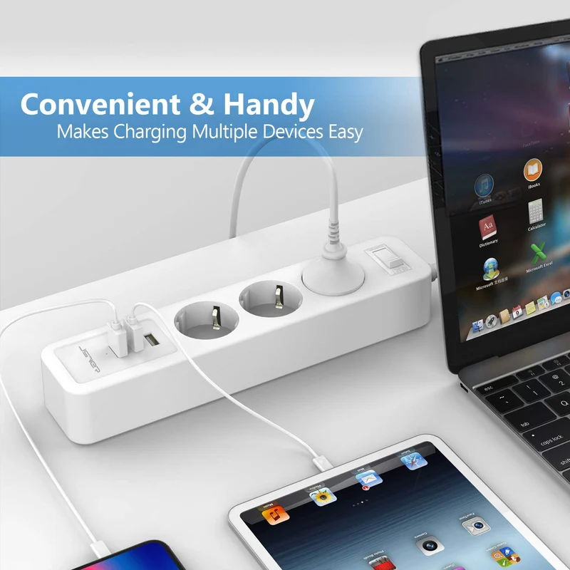 JSVER Multiprise USB,Bloc Multiprise 3 Prises avec 3 Ports USB Chargeur (5V 2,4A/12W) Prise Multi 3680W 16A avec Interrupteur Cable 2m pour Maison, Bureau-Blanc