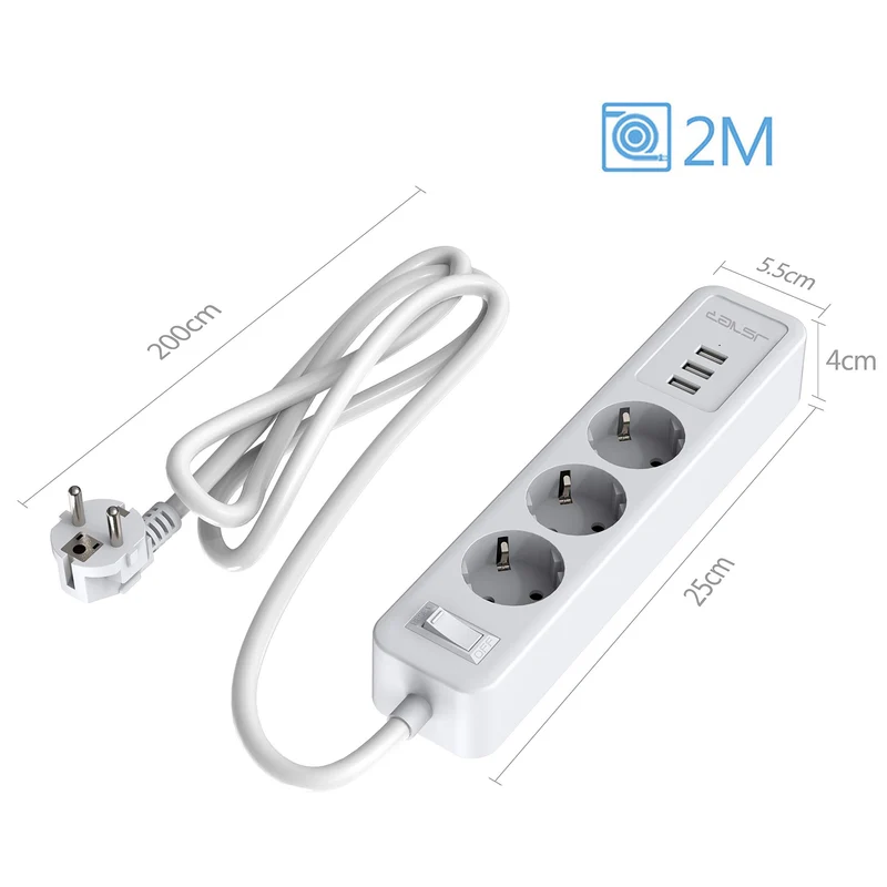 JSVER Multiprise USB,Bloc Multiprise 3 Prises avec 3 Ports USB Chargeur (5V 2,4A/12W) Prise Multi 3680W 16A avec Interrupteur Cable 2m pour Maison, Bureau-Blanc