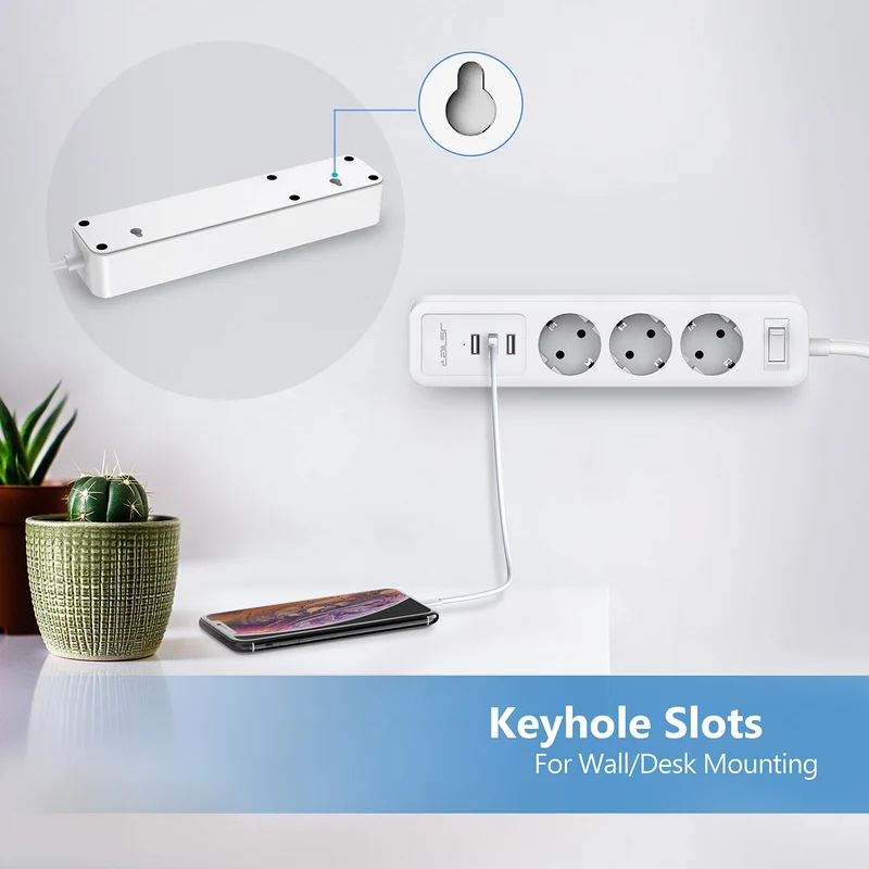 JSVER Multiprise USB,Bloc Multiprise 3 Prises avec 3 Ports USB Chargeur (5V 2,4A/12W) Prise Multi 3680W 16A avec Interrupteur Cable 2m pour Maison, Bureau-Blanc