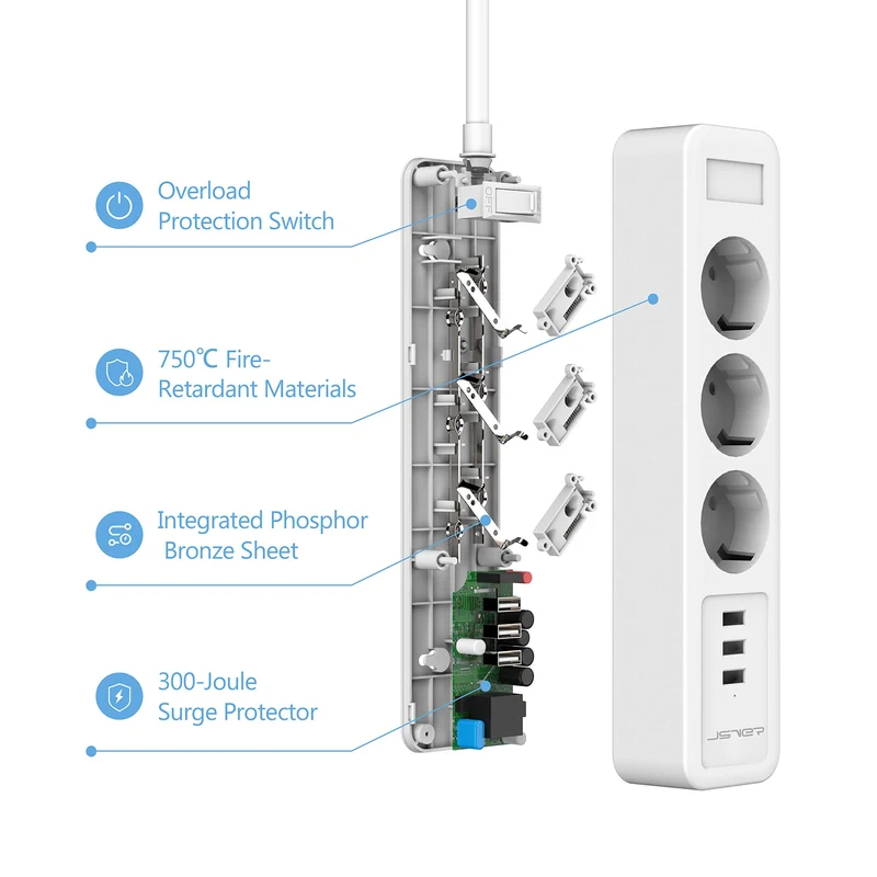 JSVER Multiprise USB,Bloc Multiprise 3 Prises avec 3 Ports USB Chargeur (5V 2,4A/12W) Prise Multi 3680W 16A avec Interrupteur Cable 2m pour Maison, Bureau-Blanc
