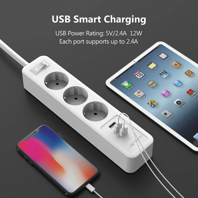 JSVER Multiprise USB,Bloc Multiprise 3 Prises avec 3 Ports USB Chargeur (5V 2,4A/12W) Prise Multi 3680W 16A avec Interrupteur Cable 2m pour Maison, Bureau-Blanc
