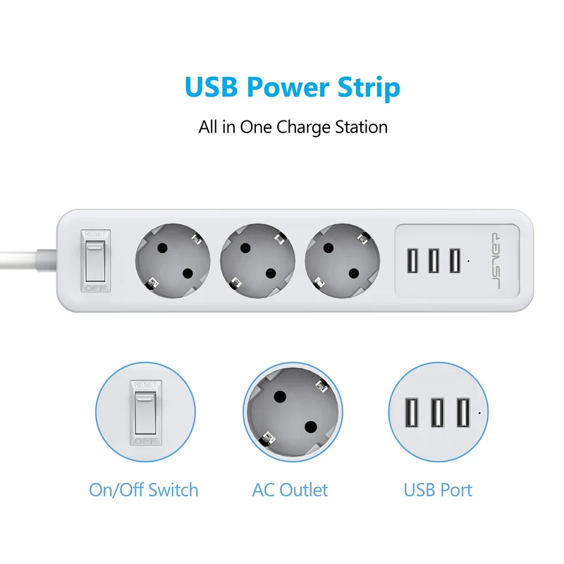 JSVER Multiprise USB,Bloc Multiprise 3 Prises avec 3 Ports USB Chargeur (5V 2,4A/12W) Prise Multi 3680W 16A avec Interrupteur Cable 2m pour Maison, Bureau-Blanc
