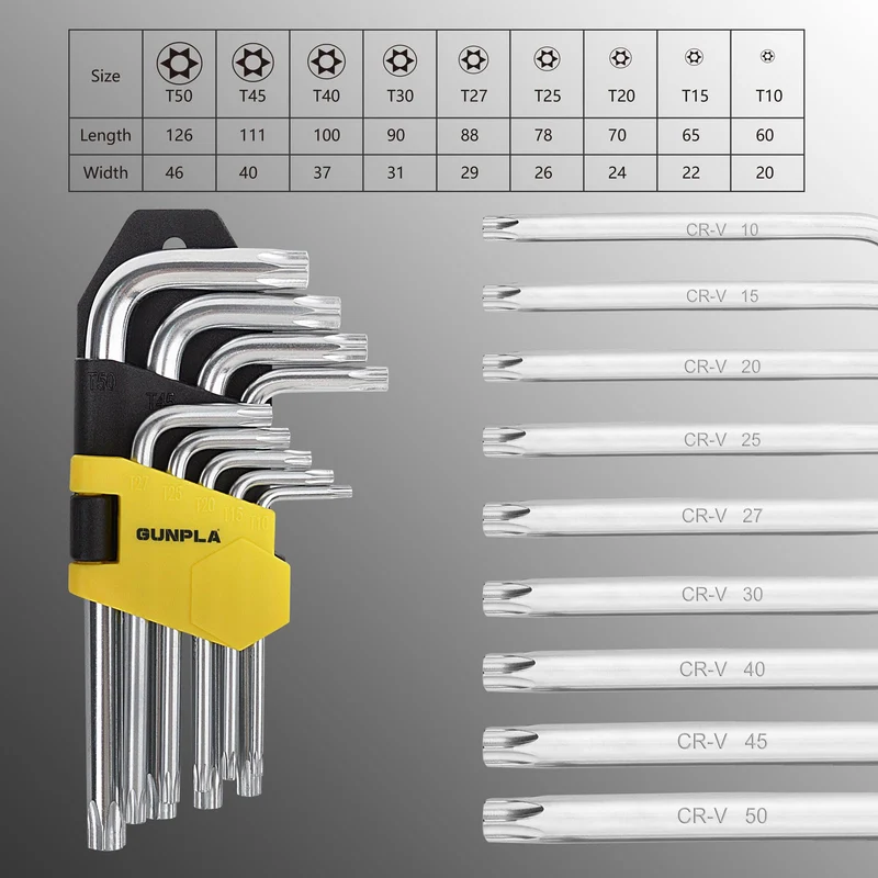 Gunpla Ensemble Clé Allen Torx Coudée Etoile Hexagonales à Court Bras Lot de 9 Pièces avec Boîtier de Rangement T10-T50 pour Entretien De La Maison Chantier Projet