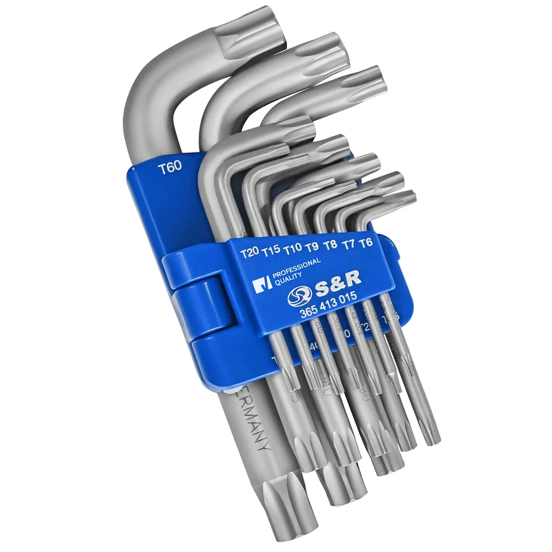 S&R Clefs Torx Hexagonales - Jeu 15 Clés Torx à étoile sans trous Extra Résistantes TX6 – TX60. Torx 6/7 / 8/9 / 10/15 / 20/25 / 27/30 / 40/45 / 50/55 / 60