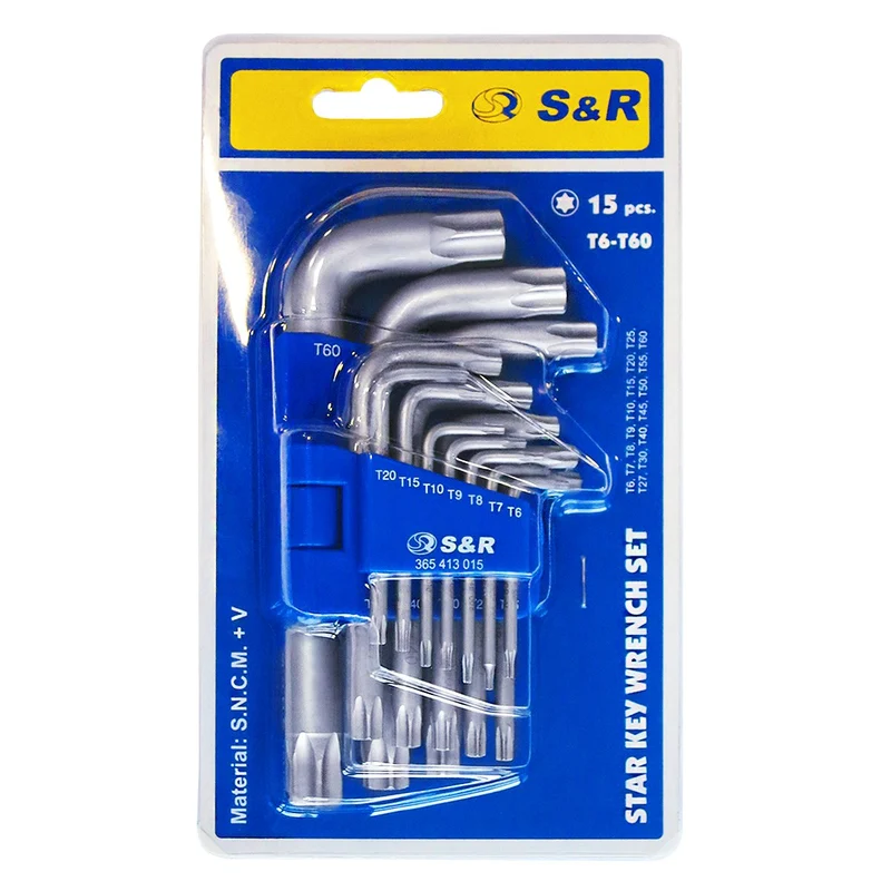 S&R Clefs Torx Hexagonales - Jeu 15 Clés Torx à étoile sans trous Extra Résistantes TX6 – TX60. Torx 6/7 / 8/9 / 10/15 / 20/25 / 27/30 / 40/45 / 50/55 / 60